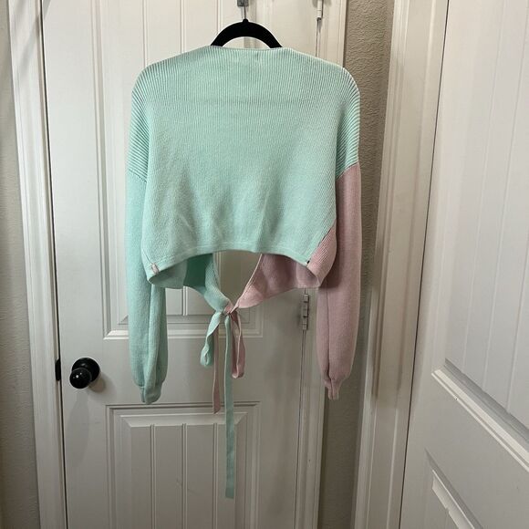 Vestique Colorblock Light Pastel Green Pink Wrap Sweater Cardigan Womens Size L - Picture 7 of 11